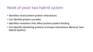 Need of yeast two hybrid system:
• Identifies novel protein-protein interactions
• Can identify protein cascades
• Identifies mutations that affect protein-protein binding
• Can identify interfering proteins in known interactions (Reverse Two-
Hybrid System)
 