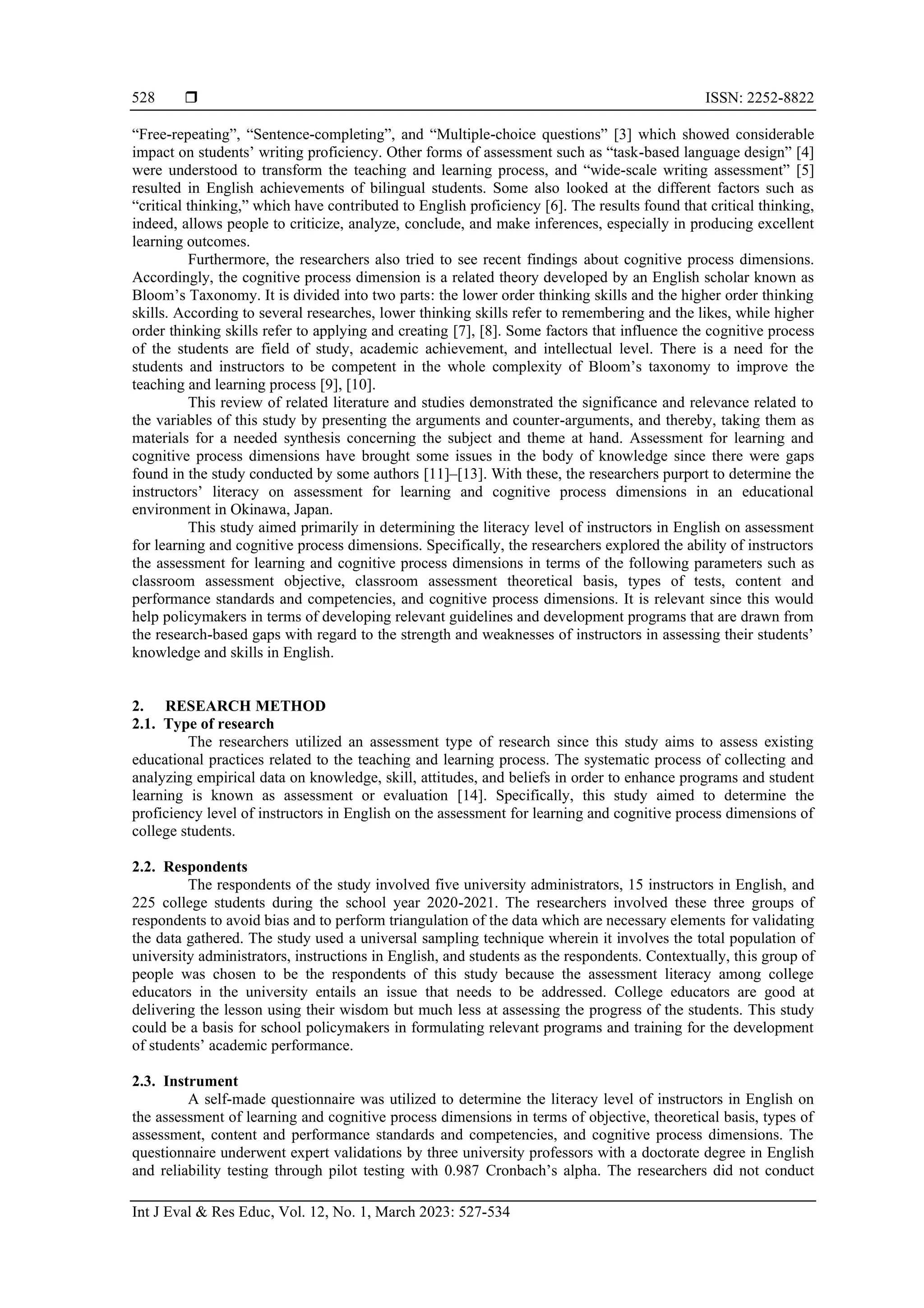 Assessment for learning and cognitive process dimensions literacy of ...