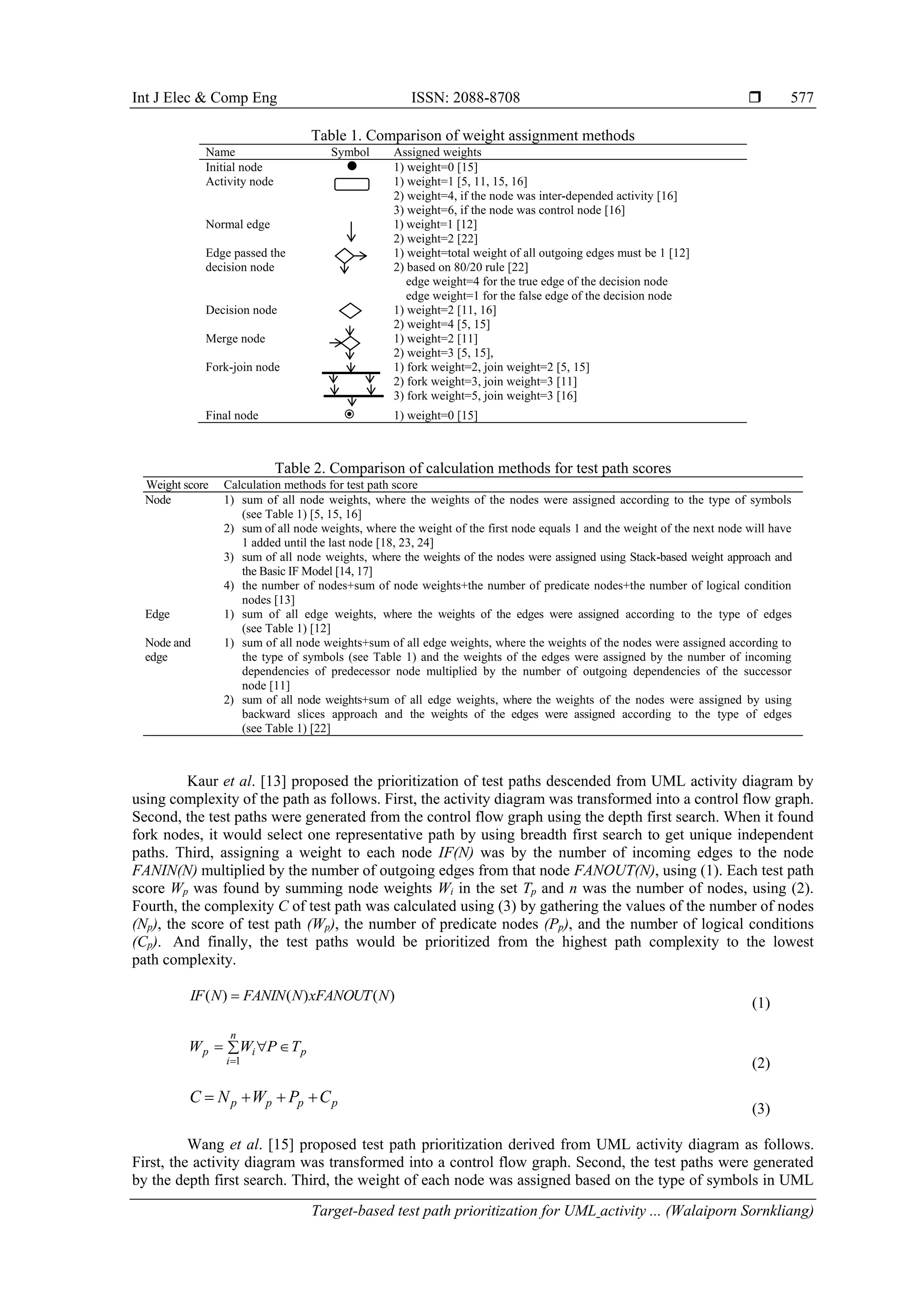 Int J Elec & Comp Eng ISSN: 2088-8708 
Target-based test path prioritization for UML activity ... (Walaiporn Sornkliang)
577
Table 1. Comparison of weight assignment methods
Name Symbol Assigned weights
Initial node  1) weight=0 [15]
Activity node 1) weight=1 [5, 11, 15, 16]
2) weight=4, if the node was inter-depended activity [16]
3) weight=6, if the node was control node [16]
Normal edge 1) weight=1 [12]
2) weight=2 [22]
Edge passed the
decision node
1) weight=total weight of all outgoing edges must be 1 [12]
2) based on 80/20 rule [22]
edge weight=4 for the true edge of the decision node
edge weight=1 for the false edge of the decision node
Decision node 1) weight=2 [11, 16]
2) weight=4 [5, 15]
Merge node 1) weight=2 [11]
2) weight=3 [5, 15],
Fork-join node 1) fork weight=2, join weight=2 [5, 15]
2) fork weight=3, join weight=3 [11]
3) fork weight=5, join weight=3 [16]
Final node  1) weight=0 [15]
Table 2. Comparison of calculation methods for test path scores
Weight score Calculation methods for test path score
Node 1) sum of all node weights, where the weights of the nodes were assigned according to the type of symbols
(see Table 1) [5, 15, 16]
2) sum of all node weights, where the weight of the first node equals 1 and the weight of the next node will have
1 added until the last node [18, 23, 24]
3) sum of all node weights, where the weights of the nodes were assigned using Stack-based weight approach and
the Basic IF Model [14, 17]
4) the number of nodes+sum of node weights+the number of predicate nodes+the number of logical condition
nodes [13]
Edge 1) sum of all edge weights, where the weights of the edges were assigned according to the type of edges
(see Table 1) [12]
Node and
edge
1) sum of all node weights+sum of all edge weights, where the weights of the nodes were assigned according to
the type of symbols (see Table 1) and the weights of the edges were assigned by the number of incoming
dependencies of predecessor node multiplied by the number of outgoing dependencies of the successor
node [11]
2) sum of all node weights+sum of all edge weights, where the weights of the nodes were assigned by using
backward slices approach and the weights of the edges were assigned according to the type of edges
(see Table 1) [22]
Kaur et al. [13] proposed the prioritization of test paths descended from UML activity diagram by
using complexity of the path as follows. First, the activity diagram was transformed into a control flow graph.
Second, the test paths were generated from the control flow graph using the depth first search. When it found
fork nodes, it would select one representative path by using breadth first search to get unique independent
paths. Third, assigning a weight to each node IF(N) was by the number of incoming edges to the node
FANIN(N) multiplied by the number of outgoing edges from that node FANOUT(N), using (1). Each test path
score Wp was found by summing node weights Wi in the set Tp and n was the number of nodes, using (2).
Fourth, the complexity C of test path was calculated using (3) by gathering the values of the number of nodes
(Np), the score of test path (Wp), the number of predicate nodes (Pp), and the number of logical conditions
(Cp). And finally, the test paths would be prioritized from the highest path complexity to the lowest
path complexity.
)
(
)
(
)
( N
xFANOUT
N
FANIN
N
IF  (1)
p
n
i
i
p T
P
W
W 



1 (2)
p
p
p
p C
P
W
N
C 



(3)
Wang et al. [15] proposed test path prioritization derived from UML activity diagram as follows.
First, the activity diagram was transformed into a control flow graph. Second, the test paths were generated
by the depth first search. Third, the weight of each node was assigned based on the type of symbols in UML
 