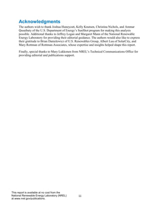 iii 
This report is available at no cost from the National Renewable Energy Laboratory (NREL) at www.nrel.gov/publications. 
Acknowledgments 
The authors wish to thank Joshua Huneycutt, Kelly Knutsen, Christina Nichols, and Ammar Qusaibaty of the U.S. Department of Energy’s SunShot program for making this analysis possible. Additional thanks to Jeffrey Logan and Margaret Mann of the National Renewable Energy Laboratory for providing their editorial guidance. The authors would also like to express their gratitude to Brian Danielewicz of U.S. Renewables Group, Albert Luu of SolarCity, and Mary Rottman of Rottman-Associates, whose expertise and insights helped shape this report. 
Finally, special thanks to Mary Lukkonen from NREL’s Technical Communications Office for providing editorial and publications support.  