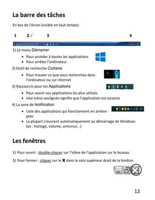 12
La barre des tâches
En bas de l’écran (visible en tout temps):
1) Le menu Démarrer
 Pour accéder à toutes les applications
 Pour arrêter l’ordinateur
2) Outil de recherche Cortana
 Pour trouver ce que vous recherchez dans
l’ordinateur ou sur internet
3) Raccourcis pour les Applications
 Pour ouvrir vos applications les plus utilisés
 Une icône soulignée signifie que l’application est ouverte
4) La zone de Notification
 Liste des applications qui fonctionnent en arrière-
plan
 La plupart s’ouvrent automatiquement au démarrage de Windows
(ex : horloge, volume, antivirus...)
Les fenêtres
1) Pour ouvrir : double-cliquer sur l’icône de l’application sur le bureau
2) Pour fermer : cliquer sur le X dans le coin supérieur droit de la fenêtre.
1 2 3 4
 