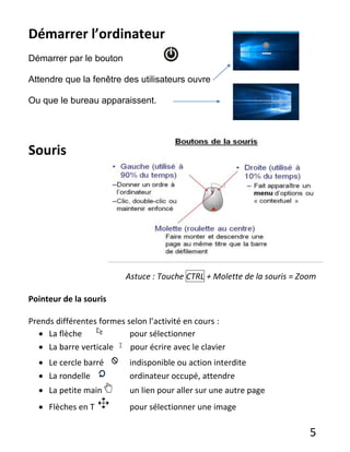5
Démarrer l’ordinateur
Démarrer par le bouton
Attendre que la fenêtre des utilisateurs ouvre
Ou que le bureau apparaissent.
Souris
Astuce : Touche CTRL + Molette de la souris = Zoom
Pointeur de la souris
Prends différentes formes selon l’activité en cours :
 La flèche pour sélectionner
 La barre verticale pour écrire avec le clavier
 Le cercle barré indisponible ou action interdite
 La rondelle ordinateur occupé, attendre
 La petite main un lien pour aller sur une autre page
 Flèches en T pour sélectionner une image
 