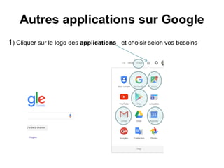 Autres applications sur Google
1) Cliquer sur le logo des applications et choisir selon vos besoins
 