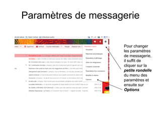 Paramètres de messagerie
Pour changer
les paramètres
de messagerie,
il suffit de
cliquer sur la
petite rondelle
du menu des
paramètres et
ensuite sur
Options
 