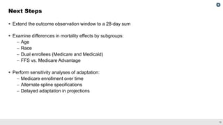 16
▪ Extend the outcome observation window to a 28-day sum
▪ Examine differences in mortality effects by subgroups:
– Age
– Race
– Dual enrollees (Medicare and Medicaid)
– FFS vs. Medicare Advantage
▪ Perform sensitivity analyses of adaptation:
– Medicare enrollment over time
– Alternate spline specifications
– Delayed adaptation in projections
Next Steps
 