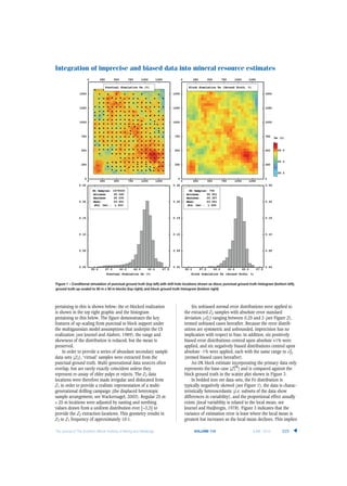 pertaining to this is shown below; the re-blocked realization
is shown in the top right graphic and the histogram
pertaining to this below. The figure demonstrates the key
features of up-scaling from punctual to block support under
the multigaussian model assumptions that underpin the CS
realization (see Journel and Alabert, 1989): the range and
skewness of the distribution is reduced, but the mean is
preserved.
In order to provide a series of abundant secondary sample
data-sets (Z2), ‘virtual’ samples were extracted from the
punctual ground truth. Multi-generational data sources often
overlap, but are rarely exactly coincident unless they
represent re-assay of older pulps or rejects. The Z2 data
locations were therefore made irregular and dislocated from
Z1 in order to provide a realistic representation of a multi-
generational drilling campaign (the displaced heterotopic
sample arrangement; see Wackernagel, 2003). Regular 25 m
× 25 m locations were adjusted by easting and northing
values drawn from a uniform distribution over [−3,3] to
provide the Z2 extraction locations. This geometry results in
Z2 to Z1 frequency of approximately 10:1.
Six unbiased normal error distributions were applied to
the extracted Z2 samples with absolute error standard
deviation (σα
Z2) ranging between 0.25 and 3 (see Figure 2),
termed unbiased cases hereafter. Because the error distrib-
utions are symmetric and unbounded, imprecision has no
implication with respect to bias. In addition, six positively
biased error distributions centred upon absolute +1% were
applied, and six negatively biased distributions centred upon
absolute -1% were applied, each with the same range in σα
Z2
(termed biased cases hereafter).
An OK block estimate incorporating the primary data only
represents the base case (Z1
OK
) and is compared against the
block ground truth in the scatter plot shown in Figure 3.
In bedded iron ore data-sets, the Fe distribution is
typically negatively skewed (see Figure 1), the data is charac-
teristically heteroscedastic (i.e. subsets of the data show
differences in variability), and the proportional effect usually
exists (local variability is related to the local mean; see
Journel and Huijbregts, 1978). Figure 3 indicates that the
variance of estimation error is least where the local mean is
greatest but increases as the local mean declines. This implies
Integration of imprecise and biased data into mineral resource estimates
525The Journal of The Southern African Institute of Mining and Metallurgy VOLUME 115 JUNE 2015
▲
Figure 1 – Conditional simulation of punctual ground truth (top left) with drill-hole locations shown as discs; punctual ground truth histogram (bottom left);
ground truth up-scaled to 50 m x 50 m blocks (top right); and block ground truth histogram (bottom right)
 