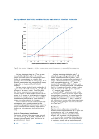 Integration of imprecise and biased data into mineral resource estimates
The figure firstly shows that in the Z1,2
OK
case the mean
cumulative OK weight that is applied to the secondary
samples exceeds that applied to the primary samples; this is
because the secondary samples are typically in closer
proximity to block centroids than the primary samples. As the
secondary samples are also more numerous than the primary
samples, they are clearly more influential in the OK
estimation.
The figure confirms that the OK weight is independent of
σα
Z2; this results in the rapidly increasing CVAVR(Z, Z1,2
OK
) with
increasing σα
Z2, as shown in Figure 4. Figure 5 also shows
that where no measurement error is associated with the
secondary samples, the OKVME weights converge on the OK
weights. As σα
Z2 increases the OKVME weights are rebalanced
in favour of the Z1 samples. In this case, where σα
Z2 is 0.5 or
greater the mean cumulative OKVME weight assigned to Z1
samples exceeds that assigned to the Z2 samples.
Given that in the case study Z2 samples are significantly
more numerous than Z1, a small decrease in the mean
cumulative weight applied to the former must be balanced by
a larger increase in the mean cumulative weight applied to
the latter, due to the requirement that the weights sum to
unity.
Analysis of imprecise and biased cases
The imprecise and biased Z2 data-sets were also integrated
into estimation through OK, CK, MCCK, and OKVME. Mean
estimated grades are compared against each other and the
ground truth mean in Figure 6.
The figure firstly shows that the base case Z1
OK
is
unbiased with respect to the ground truth. In the Z1,2
OK
,
estimate weights associated with the pooled Z1 and Z2
samples sum to unity; consequently bias associated with Z2
samples is directly transferred into the estimate in all σα
Z2
cases, as is shown in Figure 6. The Z1,2
OKVME
weights
associated with the pooled Z1 and Z2 samples also sum to
unity. However, because increasing weight is re-appropriated
from Z2 to Z1 samples as σα
Z2 increases, less bias is retained
within the estimate in the higher σα
Z2 cases compared to
Z1,2
OK
; this is also evident in Figure 6.
In the Z1,2
CK
and Z1,2
MCCK
estimations, Z1 sample weights
sum to unity and Z2 samples are zero-sum weighted. Figure
6 confirms that as a consequence the resulting estimations
are unbiased, regardless of the bias associated with Z2, and
regardless of σα
Z2. Consequently, CK or MCCK represent the
only viable options to integrate Z2 data that are imprecise and
biased. The positive and negative bias cases are coincident
for Z1,2
CK
and for Z1,2
MCCK
.
Conclusions
If precise, unbiased, and abundant secondary data are
available, their basic integration through OK of a pooled data-
set is pertinent (see Table I). The estimate is directly
improved compared to the base case (exclusion of the
secondary data) by reduction of the information effect.
However, abundant secondary data that are imprecise or
biased or both are often excluded from resource estimations
by practitioners, typically under an intuitive but untested
▲
528 JUNE 2015 VOLUME 115 The Journal of The Southern African Institute of Mining and Metallurgy
Figure 5 – Mean cumulative kriging weights in OKVME at increasing standard deviation of measurement error associated with secondary samples
 