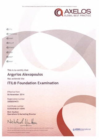 This certificate remains the property of the APMG International and shall be returned immediately on request.
rrn,
P I CE2'
MSP'
P3M3'
MoP'
MoV'
- ,
This is to certify that
Argyrios Alexopoulos
Has achievedthe
ITIL® Foundation Examination
Effective from
06 November 2014
Registration number
2000059473
Certificate number
02954048-01-VDYK
Nick Houlton
Operations ft Marketing Director
~ APMG International
@""c:rodttIni"'OI_
 