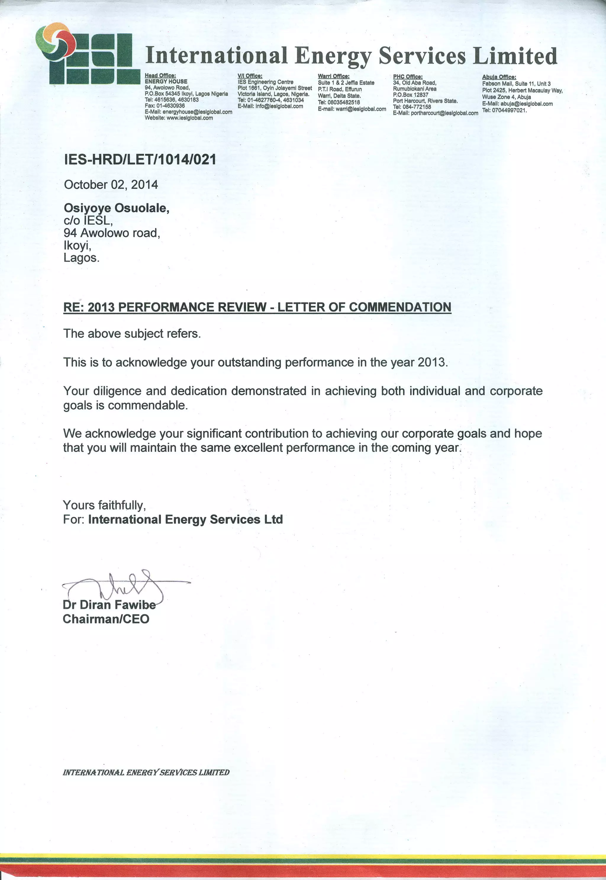 LETTER OF COMMENDATION FROM CEO IESLGLOBAL | PDF