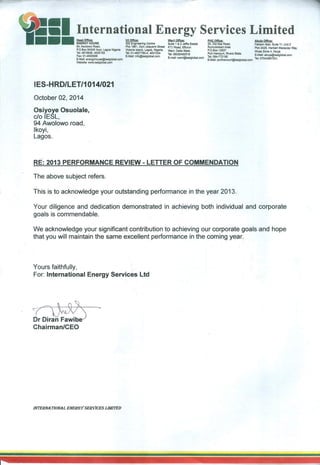 LETTER OF COMMENDATION FROM CEO IESLGLOBAL