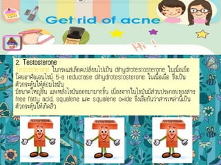 2. Testosterone
Testosterone ในกระแสเลือดเปลี่ยนไปเป็น dihydrotestosterone ในเนื้อเยื่อ
โดยอาศัยเอนไซม์ 5-a reductase dihydrotestosterone ในเนื้อเยื่อ ซึ่งเป็น
ตัวกระตุ้นให้ต่อมไขมัน
มีขนาดใหญ่ขึ้น และหลั่งไขมันออกมามากขึ้น เนื่องจากในไขมันมีส่วนประกอบของสาร
free fatty acid, squalene และ squalene oxide ซึ่งเชื่อกันว่าสารเหล่านี้เป็น
ตัวกระตุ้นให้เกิดสิว
menu
 