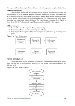 Uncompressed Video Streaming in Wireless Channel without Interpolation using Search Algorithms
Volume 06, Issue 03, Version I, Mar’ 2019 64
3.2 Proposed System
The optimum dependable transmission can be achieved the video coding from the
channel coding. A frame network, which is competent of providing different pixel value, can
be corresponding the each layer at its corresponding priority. Pixel motion, estimate on used
to vector motion calculating in this method based on the two algorithms. One is full search
algorithm and logarithmic search algorithm. The experimental result the Peak Signal to
Noise Ratio (PSNR) Performance is high, Mean Square Error (MSE) value is good.
3.2.1 Advantages
 It avoids the loss of in sequence during video density.
 Uncompressed video transmission brings low difficulty.
 Higher protection is provided to stream of greater significance by allocating more
power.
Figure – 4: Video Compression
Bit partition
compressed
video
Full search
algorithm
Unequal Bit
allocation
Performance
analysis
Log search
algorithm
Subpel
interpolation
FRAME ESTIMATION
The first stage is used to determine the difference the video sequence and the second
stage the selection of the MB mode, the search of the motion vector can be execute the
different level.
Figure – 5: Select the Video Frame
Video Sequence
Difference between
video frames
Select MB modes
Select MB vector
Encoded Video
 