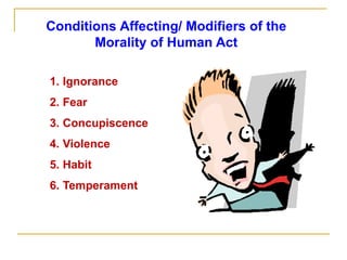 Conditions Affecting/ Modifiers of the
Morality of Human Act
1. Ignorance
2. Fear
3. Concupiscence
4. Violence
5. Habit
6. Temperament
 