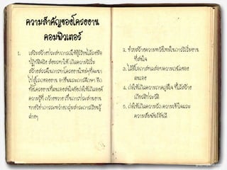 ความสาคัญของโครงงาน
คอมพิวเตอร์
1. เสริมสร้างประสบการณ์ให้ผู้เรียนได้ลงมือ
ปฏิบัติจริง ส่งผลทาให้ เกิดความริเริ่ม
สร้างสรรค์ในการทาโครงงานใหม่ๆที่จะนา
ไปสู่โลกของงาน อาชีพและการศึกษา อีก
ทั้งโครงงานที่ตนเองสนใจยังก่อให้เกิดองค์
ความรู้ที่ กว้างขวาง เป็นการประสานงาน
ทางวิชาการระหว่างกลุ่มสาระการเรียนรู้
ต่างๆ
2. ช่วยสร้างความหวังใหม่ในการริเริ่มงาน
ที่สนใจ
3. ได้มีโอกาสทดสอบความถนัดของ
ตนเอง
4. ก่อให้เกิดความภาคภูมิใจ ที่ได้สร้าง
เกียรติประวัติ
5. ก่อให้เกิดความรัก ความเข้าใจและ
ความสัมพันธ์อันดี
 
