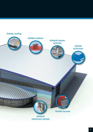 Ashzip roofing
Ashfab soakers
Ashgrid spacer
systems
Ashfab louvres
Ashfab
bullnoses
8
Ashtech
rainscreen panels
 