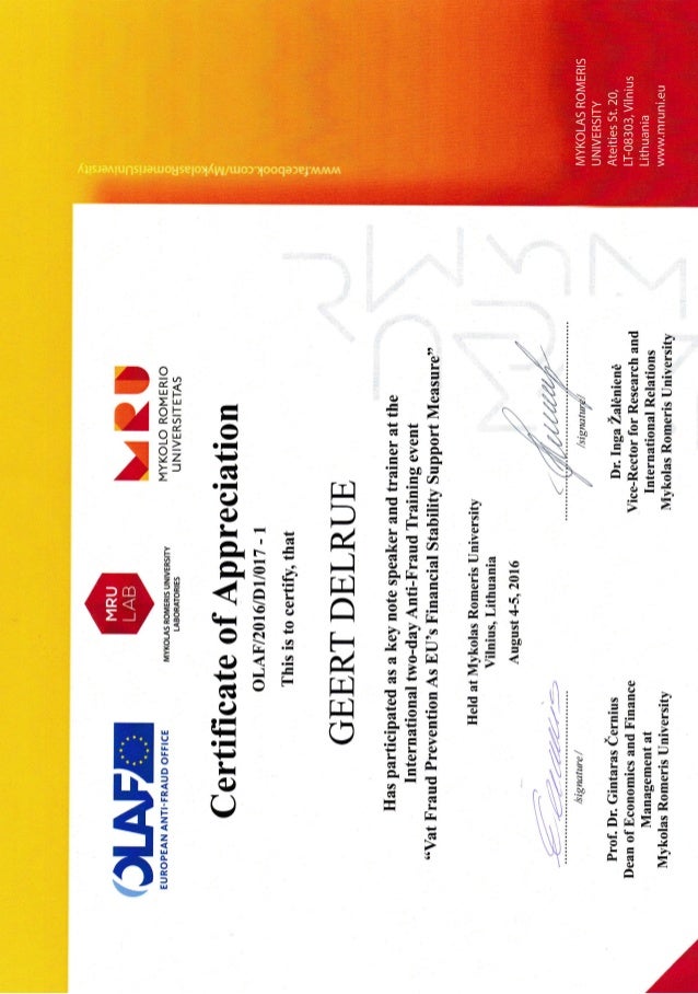 Certificate Of Appreciation Geert Delrue Mykolas Romeris Universi