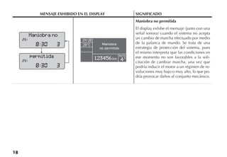 18
MENSAJE EXHIBIDO EN EL DISPLAY SIGNIFICADO
Maniobra no permitida
El display exhibe el mensaje (junto con una
señal sonora) cuando el sistema no acepta
un cambio de marcha efectuado por medio
de la palanca de mando. Se trata de una
estrategia de protección del sistema, pues
el mismo interpreta que las condiciones en
ese momento no son favorables a la soli-
citación de cambiar marcha, una vez que
podría inducir el motor a un régimen de re-
voluciones muy bajo o muy alto, lo que po-
dría provocar daños al conjunto mecánico.
Maniobra no
permitida
Maniobra
no permitida
AUTO
S
 