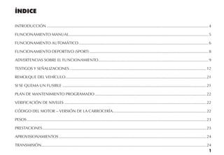 1
ÍNDICE
INTRODUCCIÓN.................................................................................................................................................... 4
FUNCIONAMIENTO MANUAL................................................................................................................................ 5
FUNCIONAMIENTO AUTOMÁTICO....................................................................................................................... 6
FUNCIONAMIENTO DEPORTIVO (SPORT)............................................................................................................. 8
ADVERTENCIAS SOBRE EL FUNCIONAMIENTO..................................................................................................... 9
TESTIGOS Y SEÑALIZACIONES............................................................................................................................. 12
REMOLQUE DEL VEHÍCULO................................................................................................................................. 21
SI SE QUEMA UN FUSIBLE.................................................................................................................................... 21
PLAN DE MANTENIMIENTO PROGRAMADO...................................................................................................... 22
VERIFICACIÓN DE NIVELES.................................................................................................................................. 22
CÓDIGO DEL MOTOR – VERSIÓN DE LA CARROCERÍA...................................................................................... 22
PESOS.................................................................................................................................................................... 23
PRESTACIONES...................................................................................................................................................... 23
APROVISIONAMIENTOS....................................................................................................................................... 24
TRANSMISIÓN....................................................................................................................................................... 24
 