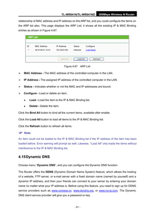TL-WR841N/TL-WR841ND 300Mbps Wireless N Router
- 81 -
relationship of MAC address and IP address on the ARP list, and you could configure the items on
the ARP list also. This page displays the ARP List; it shows all the existing IP & MAC Binding
entries as shown in Figure 4-67.
Figure 4-67 ARP List
MAC Address - The MAC address of the controlled computer in the LAN.
IP Address - The assigned IP address of the controlled computer in the LAN.
Status - Indicates whether or not the MAC and IP addresses are bound.
Configure - Load or delete an item.
Load - Load the item to the IP & MAC Binding list.
Delete - Delete the item.
Click the Bind All button to bind all the current items, available after enable.
Click the Load All button to load all items to the IP & MAC Binding list.
Click the Refresh button to refresh all items.
Note:
An item could not be loaded to the IP & MAC Binding list if the IP address of the item has been
loaded before. Error warning will prompt as well. Likewise, "Load All" only loads the items without
interference to the IP & MAC Binding list.
4.15Dynamic DNS
Choose menu “Dynamic DNS”, and you can configure the Dynamic DNS function.
The Router offers the DDNS (Dynamic Domain Name System) feature, which allows the hosting
of a website, FTP server, or e-mail server with a fixed domain name (named by yourself) and a
dynamic IP address, and then your friends can connect to your server by entering your domain
name no matter what your IP address is. Before using this feature, you need to sign up for DDNS
service providers such as www.comexe.cn, www.dyndns.org, or www.no-ip.com. The Dynamic
DNS client service provider will give you a password or key.
 