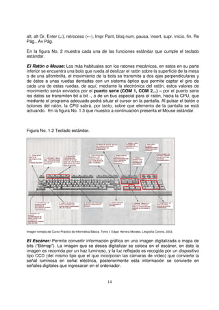alt, alt Gr, Enter (↵), retroceso ( ), Impr Pant, bloq num, pausa, insert, supr, inicio, fin, Re
Pág., Av Pág.
En la figura No. 2 muestra cada una de las funciones estándar que cumple el teclado
estándar.
El Ratón o Mouse: Los más habituales son los ratones mecánicos, en estos en su parte
inferior se encuentra una bola que rueda al deslizar el ratón sobre la superficie de la mesa
o de una alfombrilla, el movimiento de la bola se transmite a dos ejes perpendiculares y
de éstos a unas ruedas dentadas con un sistema óptico que permite captar el giro de
cada una de estas ruedas, de aquí, mediante la electrónica del ratón, estos valores de
movimiento serán enviados por el puerto serie (COM 1, COM 2,..) – por el puerto serie
los datos se transmiten bit a bit -, o de un bus especial para el ratón, hacia la CPU, que
mediante el programa adecuado podrá situar el cursor en la pantalla. Al pulsar el botón o
botones del ratón, la CPU sabrá, por tanto, sobre que elemento de la pantalla se está
actuando. En la figura No. 1.3 que muestra a continuación presenta el Mouse estándar.
Figura No. 1.2 Teclado estándar.
Imagen tomada del Curso Práctico de Informática Básica. Tomo I. Edgar Herrera Morales. Litografía Corona. 2003.
El Escáner: Permite convertir información gráfica en una imagen digitalizada o mapa de
bits (“Bitmap”). La imagen que se desea digitalizar se coloca en el escáner, en éste la
imagen es recorrida por un haz luminoso, y la luz reflejada es recogida por un dispositivo
tipo CCD (del mismo tipo que el que incorporan las cámaras de vídeo) que convierte la
señal luminosa en señal eléctrica, posteriormente esta información se convierte en
señales digitales que ingresaran en el ordenador.
 