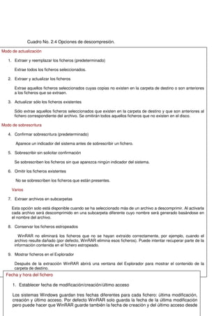 Cuadro No. 2.4 Opciones de descompresión.
9.
Cuadro No. 2.5 Ficha opción Avanzado
Modo de actualización
1. Extraer y reemplazar los ficheros (predeterminado)
Extrae todos los ficheros seleccionados.
2. Extraer y actualizar los ficheros
Extrae aquellos ficheros seleccionados cuyas copias no existen en la carpeta de destino o son anteriores
a los ficheros que se extraen.
3. Actualizar sólo los ficheros existentes
Sólo extrae aquellos ficheros seleccionados que existen en la carpeta de destino y que son anteriores al
fichero correspondiente del archivo. Se omitirán todos aquellos ficheros que no existen en el disco.
Modo de sobrescritura
4. Confirmar sobrescritura (predeterminado)
Aparece un indicador del sistema antes de sobrescribir un fichero.
5. Sobrescribir sin solicitar confirmación
Se sobrescriben los ficheros sin que aparezca ningún indicador del sistema.
6. Omitir los ficheros existentes
No se sobrescriben los ficheros que están presentes.
Varios
7. Extraer archivos en subcarpetas
Esta opción solo está disponible cuando se ha seleccionado más de un archivo a descomprimir. Al activarla
cada archivo será descomprimido en una subcarpeta diferente cuyo nombre será generado basándose en
el nombre del archivo.
8. Conservar los ficheros estropeados
WinRAR no eliminará los ficheros que no se hayan extraído correctamente, por ejemplo, cuando el
archivo resulte dañado (por defecto, WinRAR elimina esos ficheros). Puede intentar recuperar parte de la
información contenida en el fichero estropeado.
9. Mostrar ficheros en el Explorador
Después de la extracción WinRAR abrirá una ventana del Explorador para mostrar el contenido de la
carpeta de destino.
Fecha y hora del fichero
1. Establecer fecha de modificación/creación/último acceso
Los sistemas Windows guardan tres fechas diferentes para cada fichero: última modificación,
creación y último acceso. Por defecto WinRAR solo guarda la fecha de la última modificación
pero puede hacer que WinRAR guarde también la fecha de creación y del último acceso desde
 