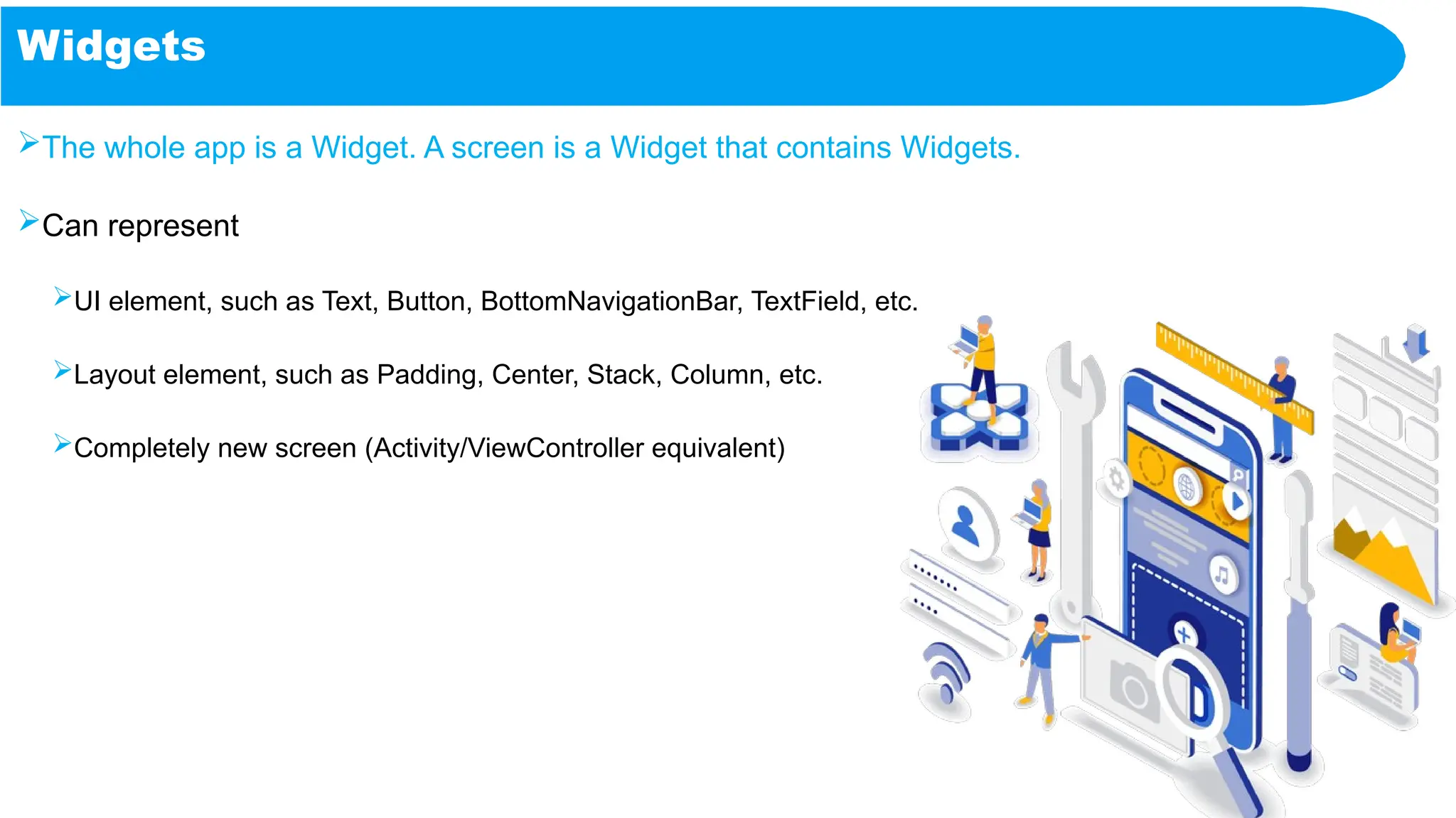Widgets
The whole app is a Widget. A screen is a Widget that contains Widgets.
Can represent
UI element, such as Text, Button, BottomNavigationBar, TextField, etc.
Layout element, such as Padding, Center, Stack, Column, etc.
Completely new screen (Activity/ViewController equivalent)
 