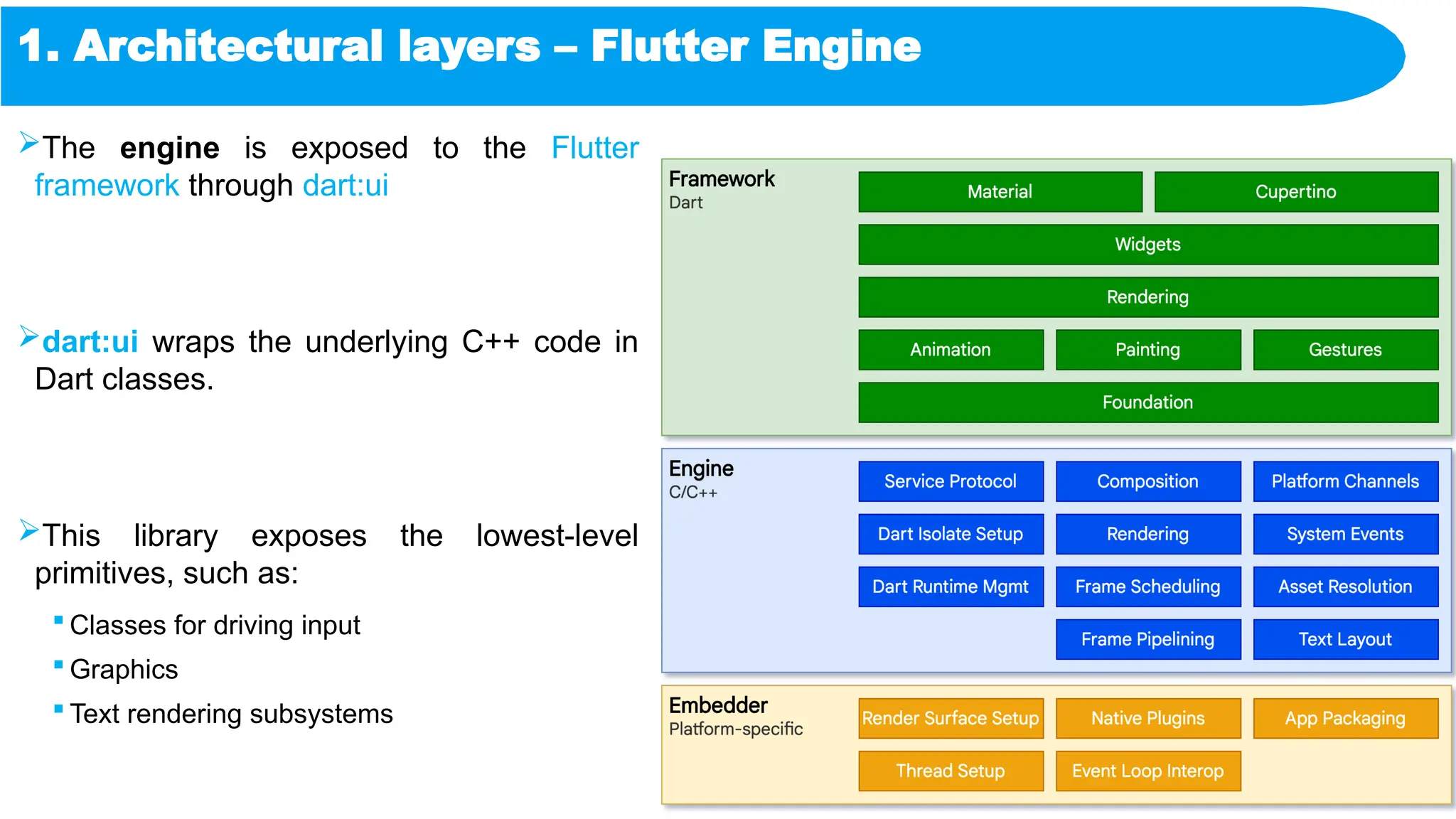 1. Architectural layers – Flutter Engine
The engine is exposed to the Flutter
framework through dart:ui
dart:ui wraps the underlying C++ code in
Dart classes.
This library exposes the lowest-level
primitives, such as:
 Classes for driving input
 Graphics
 Text rendering subsystems
 