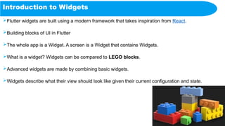 Introduction to Widgets
Flutter widgets are built using a modern framework that takes inspiration from React.
Building blocks of UI in Flutter
The whole app is a Widget. A screen is a Widget that contains Widgets.
What is a widget? Widgets can be compared to LEGO blocks.
Advanced widgets are made by combining basic widgets.
Widgets describe what their view should look like given their current configuration and state.
 