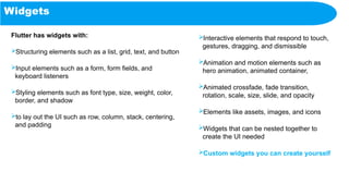 Widgets
Flutter has widgets with:
Structuring elements such as a list, grid, text, and button
Input elements such as a form, form fields, and
keyboard listeners
Styling elements such as font type, size, weight, color,
border, and shadow
to lay out the UI such as row, column, stack, centering,
and padding
Interactive elements that respond to touch,
gestures, dragging, and dismissible
Animation and motion elements such as
hero animation, animated container,
Animated crossfade, fade transition,
rotation, scale, size, slide, and opacity
Elements like assets, images, and icons
Widgets that can be nested together to
create the UI needed
Custom widgets you can create yourself
 