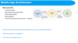 Mobile App Architecture
Data Layer (DL)
 It’s the final layer!
 data access components (DAC),
 Data Helpers/Utilities
 Service Agents
 These three components control the — Persistence Layer(Backend) / Network Call
Since now we know the basic architecture, here comes the question!
Why we want to use flutter ?
Or why we should use it ?
 