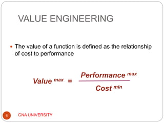 VALUE ENGINEERING
GNA UNIVERSITY6
 The value of a function is defined as the relationship
of cost to performance
Performance max
Cost min
Value max =
 