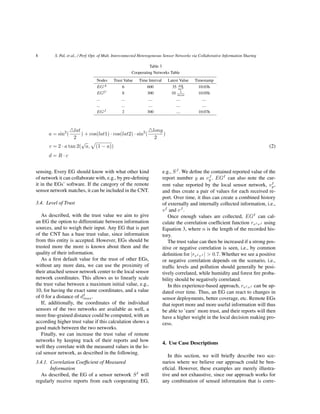 8 S. Pal, et al., / Perf. Opt. of Mult. Interconnected Heterogeneous Sensor Networks via Collaborative Information Sharing
Table 3
Cooperating Networks Table
Nodes Trust Value Time Interval Latest Value Timestamp
EGA 6 600 35 µg
m3 10:03h
EGC 8 300 10 1
min
10:05h
... ... .... .... ....
... ... .... .... ....
EGJ 2 300 .... 10:07h
a = sin2
(
lat
2
) + cos(lat1) · cos(lat2) · sin2
(
long
2
)
c = 2 · a tan 2(
√
a, (1 − a)) (2)
d = R · c
sensing. Every EG should know with what other kind
of network it can collaborate with, e.g., by pre-deﬁning
it in the EGs’ software. If the category of the remote
sensor network matches, it can be included in the CNT.
3.4. Level of Trust
As described, with the trust value we aim to give
an EG the option to differentiate between information
sources, and to weigh their input. Any EG that is part
of the CNT has a base trust value, since information
from this entity is accepted. However, EGs should be
trusted more the more is known about them and the
quality of their information.
As a ﬁrst default value for the trust of other EGs,
without any more data, we can use the proximity of
their attached sensor network center to the local sensor
network coordinates. This allows us to linearly scale
the trust value between a maximum initial value, e.g.,
10, for having the exact same coordinates, and a value
of 0 for a distance of dI
max.
If, additionally, the coordinates of the individual
sensors of the two networks are available as well, a
more ﬁne-grained distance could be computed, with an
according higher trust value if this calculation shows a
good match between the two networks.
Finally, we can increase the trust value of remote
networks by keeping track of their reports and how
well they correlate with the measured values in the lo-
cal sensor network, as described in the following.
3.4.1. Correlation Coefﬁcient of Measured
Information
As described, the EG of a sensor network SI
will
regularly receive reports from each cooperating EG,
e.g., SJ
. We deﬁne the contained reported value of the
report number y as vJ
y . EGI
can also note the cur-
rent value reported by the local sensor network, vI
y,
and thus create a pair of values for each received re-
port. Over time, it thus can create a combined history
of externally and internally collected information, i.e.,
vI
and vJ
.
Once enough values are collected, EGI
can cal-
culate the correlation coefﬁcient function rvI vJ using
Equation 3, where n is the length of the recorded his-
tory.
The trust value can then be increased if a strong pos-
itive or negative correlation is seen, i.e., by common
deﬁnition for |rvI vJ | > 0.7. Whether we see a positive
or negative correlation depends on the scenario, i.e.,
trafﬁc levels and pollution should generally be posi-
tively correlated, while humidity and forest ﬁre proba-
bility should be negatively correlated.
In this experience-based approach, rvI vJ can be up-
dated over time. Thus, an EG can react to changes in
sensor deployments, better coverage, etc. Remote EGs
that report more and more useful information will thus
be able to ’earn’ more trust, and their reports will then
have a higher weight in the local decision making pro-
cess.
4. Use Case Descriptions
In this section, we will brieﬂy describe two sce-
narios where we believe our approach could be ben-
eﬁcial. However, these examples are merely illustra-
tive and not exhaustive, since our approach works for
any combination of sensed information that is corre-
 