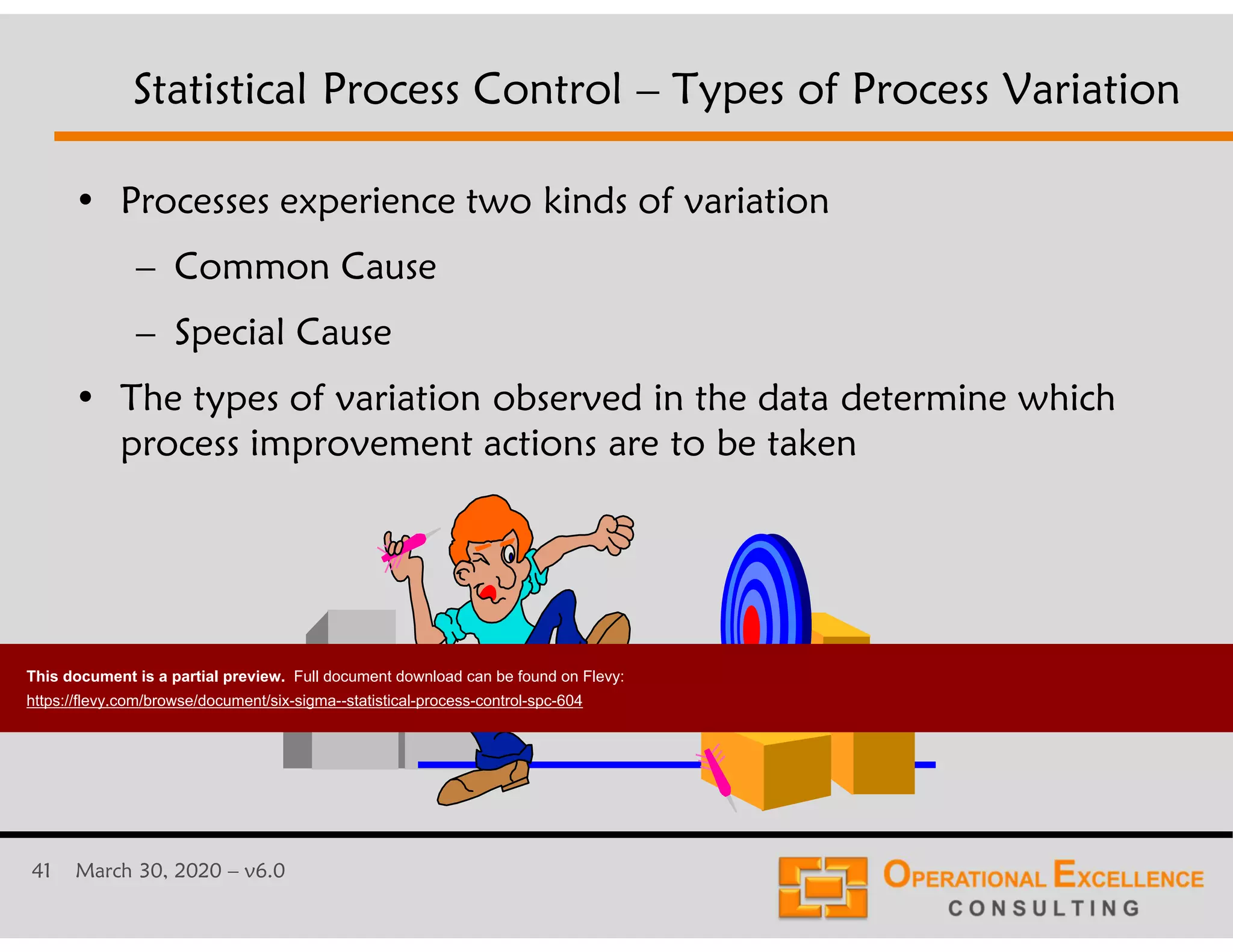 41 March 30, 2020 &ndash; v6.0
Statistical Process Control &ndash; Types of Process Variation
&bull; Processes experience two kinds of variation
&ndash; Common Cause
&ndash; Special Cause
&bull; The types of variation observed in the data determine which
process improvement actions are to be taken
This document is a partial preview. Full document download can be found on Flevy:
https://flevy.com/browse/document/six-sigma--statistical-process-control-spc-604
 