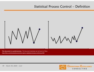 39 March 30, 2020 – v6.0
Statistical Process Control – Definition
What is happening? What happened?
This document is a partial preview. Full document download can be found on Flevy:
https://flevy.com/browse/document/six-sigma--statistical-process-control-spc-604
 