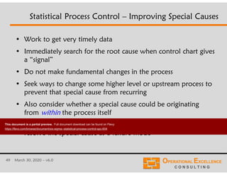 49 March 30, 2020 – v6.0
• Work to get very timely data
• Immediately search for the root cause when control chart gives
a “signal”
• Do not make fundamental changes in the process
• Seek ways to change some higher level or upstream process to
prevent that special cause from recurring
• Also consider whether a special cause could be originating
from within the process itself
• The Process FMEA can be a powerful tool to understand and
resolve the special cause as a failure mode
Statistical Process Control – Improving Special Causes
This document is a partial preview. Full document download can be found on Flevy:
https://flevy.com/browse/document/six-sigma--statistical-process-control-spc-604
 