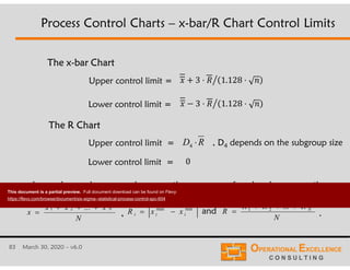 83 March 30, 2020 – v6.0
Upper control limit =
Lower control limit =
The R Chart
Upper control limit =
Lower control limit =
The x-bar Chart
where x-bar1, x-bar2, ..., x-barN are the averages of each subgroup, n the
number of items in a subgroup, N the number of subgroups,
., and
Process Control Charts – x-bar/R Chart Control Limits
- 3 ⋅ 1.128 ⋅ .$
- 3 ⋅ 1.128 ⋅ .$
RD 4
0
N
xxx
x
N

...21
N
RRR
R N

...21minmax
iii xxR 
, D4 depends on the subgroup size
This document is a partial preview. Full document download can be found on Flevy:
https://flevy.com/browse/document/six-sigma--statistical-process-control-spc-604
 