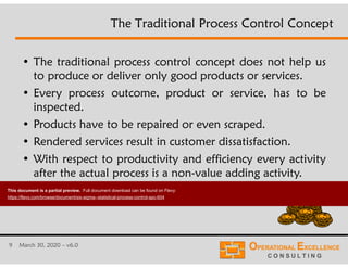 9 March 30, 2020 – v6.0
• The traditional process control concept does not help us
to produce or deliver only good products or services.
• Every process outcome, product or service, has to be
inspected.
• Products have to be repaired or even scraped.
• Rendered services result in customer dissatisfaction.
• With respect to productivity and efficiency every activity
after the actual process is a non-value adding activity.
The Traditional Process Control Concept
This document is a partial preview. Full document download can be found on Flevy:
https://flevy.com/browse/document/six-sigma--statistical-process-control-spc-604
 