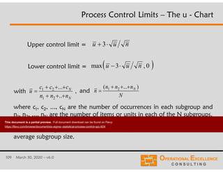 109 March 30, 2020 – v6.0
u u n 3
Lower control limit =
Upper control limit =
with andu
c c c
n n n
N
N

  
  
1 2
1 2
...
..
, n
n n n
N
N

  ( ... )1 2
where c1, c2, ..., cN are the number of occurrences in each subgroup and
n1, n2, ..., nN are the number of items or units in each of the N subgroups.
Note: The subgroup sizes should not vary more than 25% around the
average subgroup size.
 0,3max nuu 
Process Control Limits – The u - Chart
This document is a partial preview. Full document download can be found on Flevy:
https://flevy.com/browse/document/six-sigma--statistical-process-control-spc-604
 