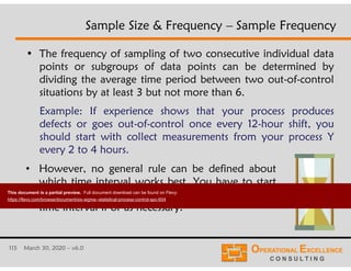 115 March 30, 2020 – v6.0
• The frequency of sampling of two consecutive individual data
points or subgroups of data points can be determined by
dividing the average time period between two out-of-control
situations by at least 3 but not more than 6.
Example: If experience shows that your process produces
defects or goes out-of-control once every 12-hour shift, you
should start with collect measurements from your process Y
every 2 to 4 hours.
Sample Size & Frequency – Sample Frequency
• However, no general rule can be defined about
which time interval works best. You have to start
with a good (conservative) guess and refine the
time interval if or as necessary.
This document is a partial preview. Full document download can be found on Flevy:
https://flevy.com/browse/document/six-sigma--statistical-process-control-spc-604
 