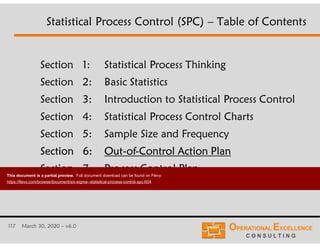 117 March 30, 2020 – v6.0
Section 1: Statistical Process Thinking
Section 2: Basic Statistics
Section 3: Introduction to Statistical Process Control
Section 4: Statistical Process Control Charts
Section 5: Sample Size and Frequency
Section 6: Out-of-Control Action Plan
Section 7: Process Control Plan
Statistical Process Control (SPC) – Table of Contents
This document is a partial preview. Full document download can be found on Flevy:
https://flevy.com/browse/document/six-sigma--statistical-process-control-spc-604
 