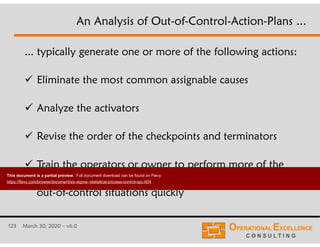 123 March 30, 2020 – v6.0
... typically generate one or more of the following actions:
 Eliminate the most common assignable causes
 Analyze the activators
 Revise the order of the checkpoints and terminators
 Train the operators or owner to perform more of the
corrective actions included into the OCAP to resolve
out-of-control situations quickly
An Analysis of Out-of-Control-Action-Plans ...
This document is a partial preview. Full document download can be found on Flevy:
https://flevy.com/browse/document/six-sigma--statistical-process-control-spc-604
 