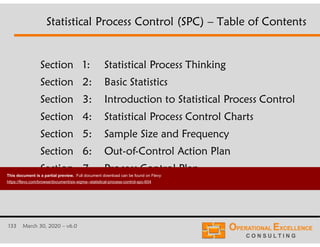 133 March 30, 2020 – v6.0
Section 1: Statistical Process Thinking
Section 2: Basic Statistics
Section 3: Introduction to Statistical Process Control
Section 4: Statistical Process Control Charts
Section 5: Sample Size and Frequency
Section 6: Out-of-Control Action Plan
Section 7: Process Control Plan
Statistical Process Control (SPC) – Table of Contents
This document is a partial preview. Full document download can be found on Flevy:
https://flevy.com/browse/document/six-sigma--statistical-process-control-spc-604
 