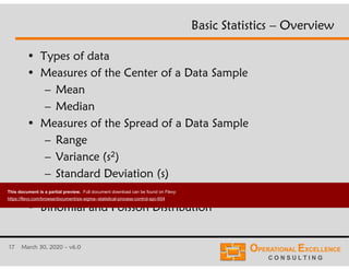 17 March 30, 2020 – v6.0
Basic Statistics – Overview
• Types of data
• Measures of the Center of a Data Sample
– Mean
– Median
• Measures of the Spread of a Data Sample
– Range
– Variance (s2)
– Standard Deviation (s)
• Properties of a Normal Distribution
• Binomial and Poisson Distribution
This document is a partial preview. Full document download can be found on Flevy:
https://flevy.com/browse/document/six-sigma--statistical-process-control-spc-604
 
