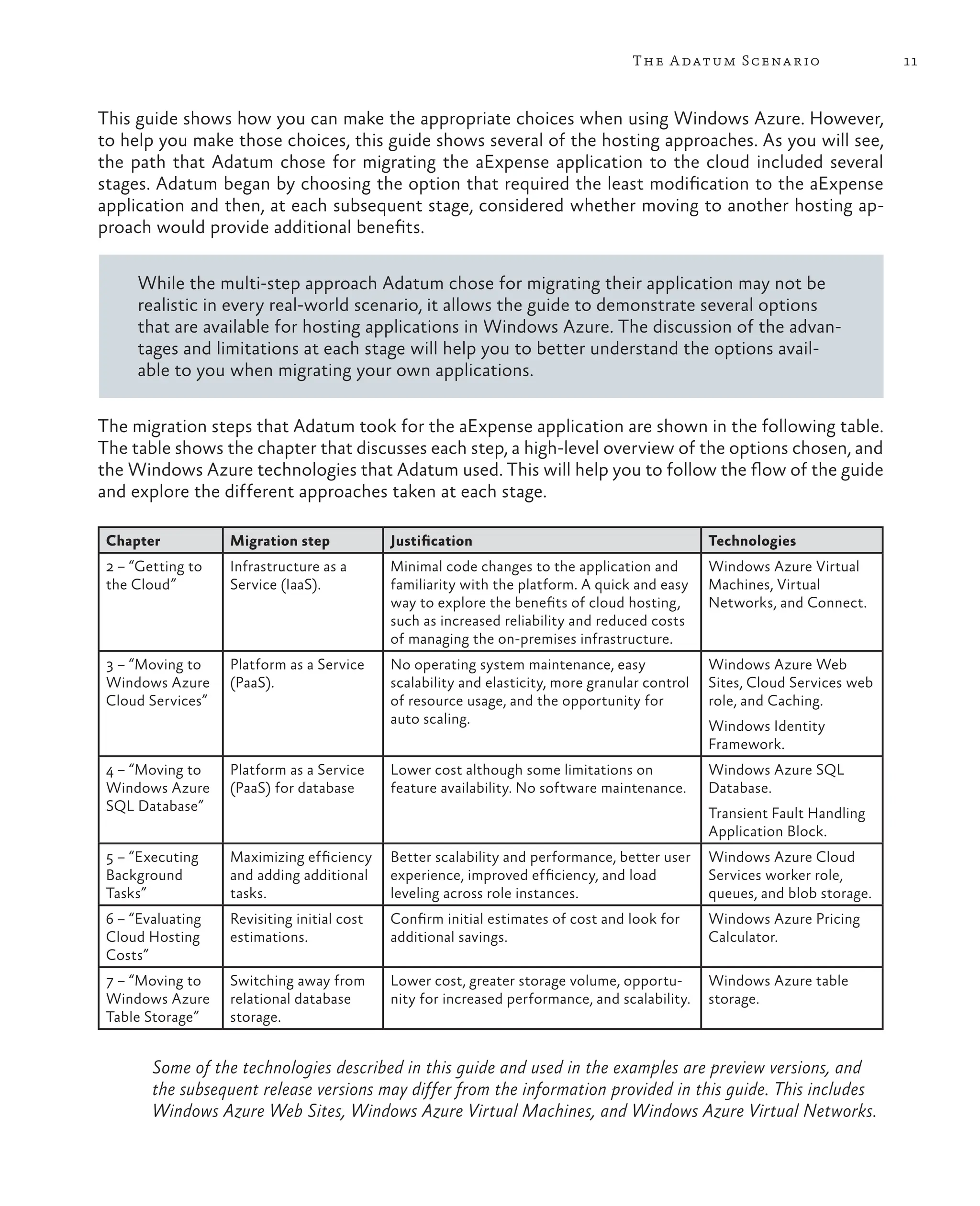 11
The Adatum Scenario
This guide shows how you can make the appropriate choices when using Windows Azure. However,
to help you make those choices, this guide shows several of the hosting approaches. As you will see,
the path that Adatum chose for migrating the aExpense application to the cloud included several
stages. Adatum began by choosing the option that required the least modification to the aExpense
application and then, at each subsequent stage, considered whether moving to another hosting ap-
proach would provide additional benefits.
While the multi-step approach Adatum chose for migrating their application may not be
realistic in every real-world scenario, it allows the guide to demonstrate several options
that are available for hosting applications in Windows Azure. The discussion of the advan-
tages and limitations at each stage will help you to better understand the options avail-
able to you when migrating your own applications.
The migration steps that Adatum took for the aExpense application are shown in the following table.
The table shows the chapter that discusses each step, a high-level overview of the options chosen, and
the Windows Azure technologies that Adatum used. This will help you to follow the flow of the guide
and explore the different approaches taken at each stage.
Chapter Migration step Justification Technologies
2 – “Getting to
the Cloud”
Infrastructure as a
Service (IaaS).
Minimal code changes to the application and
familiarity with the platform. A quick and easy
way to explore the benefits of cloud hosting,
such as increased reliability and reduced costs
of managing the on-premises infrastructure.
Windows Azure Virtual
Machines, Virtual
Networks, and Connect.
3 – “Moving to
Windows Azure
Cloud Services”
Platform as a Service
(PaaS).
No operating system maintenance, easy
scalability and elasticity, more granular control
of resource usage, and the opportunity for
auto scaling.
Windows Azure Web
Sites, Cloud Services web
role, and Caching.
Windows Identity
Framework.
4 – “Moving to
Windows Azure
SQL Database”
Platform as a Service
(PaaS) for database
Lower cost although some limitations on
feature availability. No software maintenance.
Windows Azure SQL
Database.
Transient Fault Handling
Application Block.
5 – “Executing
Background
Tasks”
Maximizing efficiency
and adding additional
tasks.
Better scalability and performance, better user
experience, improved efficiency, and load
leveling across role instances.
Windows Azure Cloud
Services worker role,
queues, and blob storage.
6 – “Evaluating
Cloud Hosting
Costs”
Revisiting initial cost
estimations.
Confirm initial estimates of cost and look for
additional savings.
Windows Azure Pricing
Calculator.
7 – “Moving to
Windows Azure
Table Storage”
Switching away from
relational database
storage.
Lower cost, greater storage volume, opportu-
nity for increased performance, and scalability.
Windows Azure table
storage.
Some of the technologies described in this guide and used in the examples are preview versions, and
the subsequent release versions may differ from the information provided in this guide. This includes
Windows Azure Web Sites, Windows Azure Virtual Machines, and Windows Azure Virtual Networks.
 
