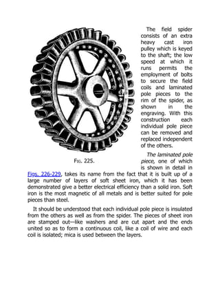 Fig. 225.
The field spider
consists of an extra
heavy cast iron
pulley which is keyed
to the shaft; the low
speed at which it
runs permits the
employment of bolts
to secure the field
coils and laminated
pole pieces to the
rim of the spider, as
shown in the
engraving. With this
construction each
individual pole piece
can be removed and
replaced independent
of the others.
The laminated pole
piece, one of which
is shown in detail in
Figs. 226-229, takes its name from the fact that it is built up of a
large number of layers of soft sheet iron, which it has been
demonstrated give a better electrical efficiency than a solid iron. Soft
iron is the most magnetic of all metals and is better suited for pole
pieces than steel.
It should be understood that each individual pole piece is insulated
from the others as well as from the spider. The pieces of sheet iron
are stamped out—like washers and are cut apart and the ends
united so as to form a continuous coil, like a coil of wire and each
coil is isolated; mica is used between the layers.
 