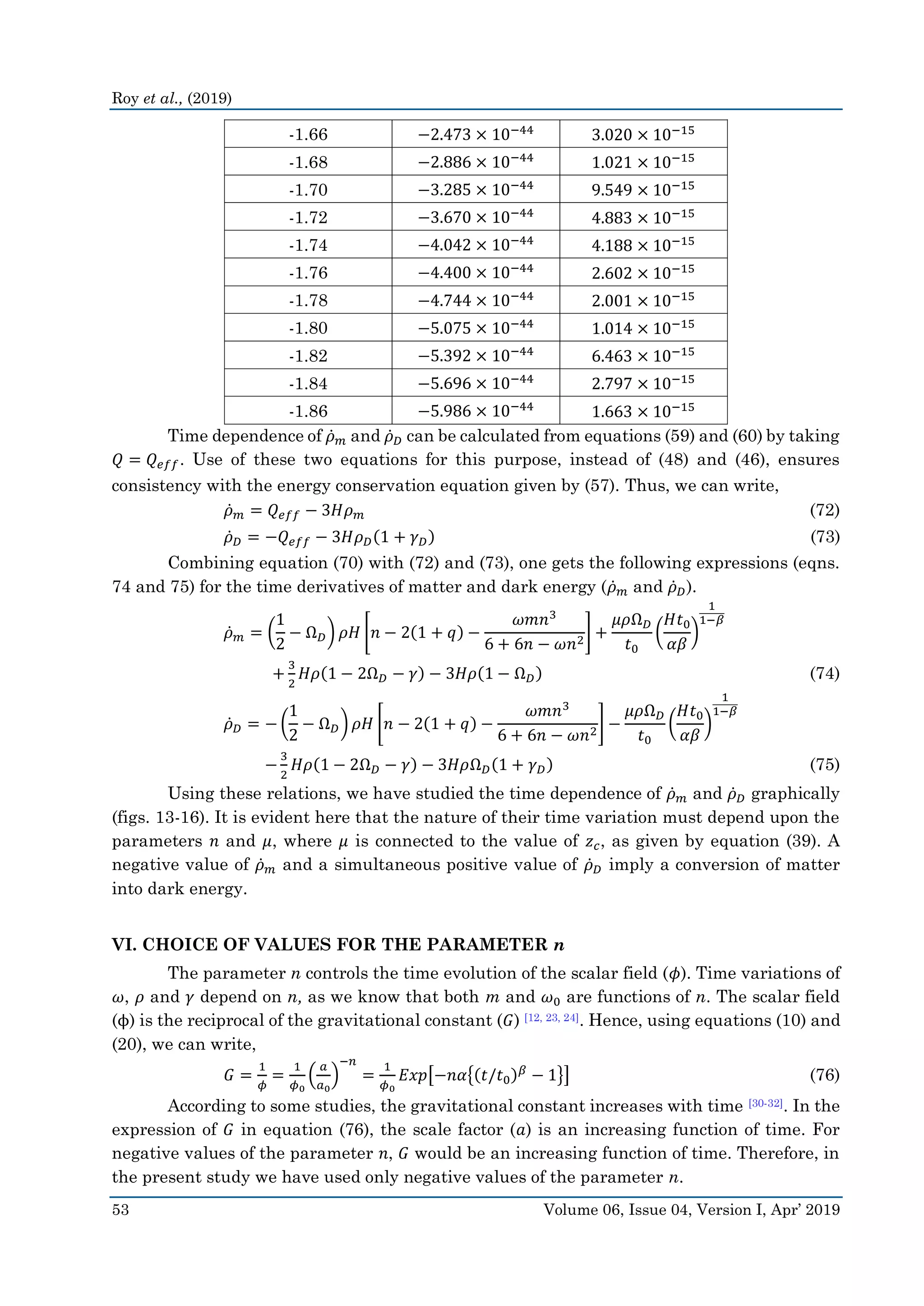 Roy et al., (2019)
53 Volume 06, Issue 04, Version I, Apr’ 2019
-1.66 −2.473 × 10−44
3.020 × 10−15
-1.68 −2.886 × 10−44
1.021 × 10−15
-1.70 −3.285 × 10−44
9.549 × 10−15
-1.72 −3.670 × 10−44
4.883 × 10−15
-1.74 −4.042 × 10−44
4.188 × 10−15
-1.76 −4.400 × 10−44
2.602 × 10−15
-1.78 −4.744 × 10−44
2.001 × 10−15
-1.80 −5.075 × 10−44
1.014 × 10−15
-1.82 −5.392 × 10−44
6.463 × 10−15
-1.84 −5.696 × 10−44
2.797 × 10−15
-1.86 −5.986 × 10−44
1.663 × 10−15
Time dependence of 𝜌̇ 𝑚 and 𝜌̇ 𝐷 can be calculated from equations (59) and (60) by taking
𝑄 = 𝑄 𝑒𝑓𝑓. Use of these two equations for this purpose, instead of (48) and (46), ensures
consistency with the energy conservation equation given by (57). Thus, we can write,
𝜌̇ 𝑚 = 𝑄 𝑒𝑓𝑓 − 3𝐻𝜌 𝑚 (72)
𝜌̇ 𝐷 = −𝑄 𝑒𝑓𝑓 − 3𝐻𝜌 𝐷(1 + 𝛾 𝐷) (73)
Combining equation (70) with (72) and (73), one gets the following expressions (eqns.
74 and 75) for the time derivatives of matter and dark energy (𝜌̇ 𝑚 and 𝜌̇ 𝐷).
𝜌̇ 𝑚 = (
1
2
− Ω 𝐷) 𝜌𝐻 [𝑛 − 2(1 + 𝑞) −
𝜔𝑚𝑛3
6 + 6𝑛 − 𝜔𝑛2
] +
𝜇𝜌Ω 𝐷
𝑡0
(
𝐻𝑡0
𝛼𝛽
)
1
1−𝛽
+
3
2
𝐻𝜌(1 − 2Ω 𝐷 − 𝛾) − 3𝐻𝜌(1 − Ω 𝐷) (74)
𝜌̇ 𝐷 = − (
1
2
− Ω 𝐷) 𝜌𝐻 [𝑛 − 2(1 + 𝑞) −
𝜔𝑚𝑛3
6 + 6𝑛 − 𝜔𝑛2
] −
𝜇𝜌Ω 𝐷
𝑡0
(
𝐻𝑡0
𝛼𝛽
)
1
1−𝛽
−
3
2
𝐻𝜌(1 − 2Ω 𝐷 − 𝛾) − 3𝐻𝜌Ω 𝐷(1 + 𝛾 𝐷) (75)
Using these relations, we have studied the time dependence of 𝜌̇ 𝑚 and 𝜌̇ 𝐷 graphically
(figs. 13-16). It is evident here that the nature of their time variation must depend upon the
parameters 𝑛 and 𝜇, where 𝜇 is connected to the value of 𝑧 𝑐, as given by equation (39). A
negative value of 𝜌̇ 𝑚 and a simultaneous positive value of 𝜌̇ 𝐷 imply a conversion of matter
into dark energy.
VI. CHOICE OF VALUES FOR THE PARAMETER n
The parameter n controls the time evolution of the scalar field (𝜙). Time variations of
𝜔, 𝜌 and 𝛾 depend on n, as we know that both m and 𝜔0 are functions of n. The scalar field
(ϕ) is the reciprocal of the gravitational constant (𝐺) [12, 23, 24]. Hence, using equations (10) and
(20), we can write,
𝐺 =
1
𝜙
=
1
𝜙0
(
𝑎
𝑎0
)
−𝑛
=
1
𝜙0
𝐸𝑥𝑝[−𝑛𝛼{(𝑡/𝑡0) 𝛽
− 1}] (76)
According to some studies, the gravitational constant increases with time [30-32]. In the
expression of 𝐺 in equation (76), the scale factor (𝑎) is an increasing function of time. For
negative values of the parameter 𝑛, 𝐺 would be an increasing function of time. Therefore, in
the present study we have used only negative values of the parameter n.
 