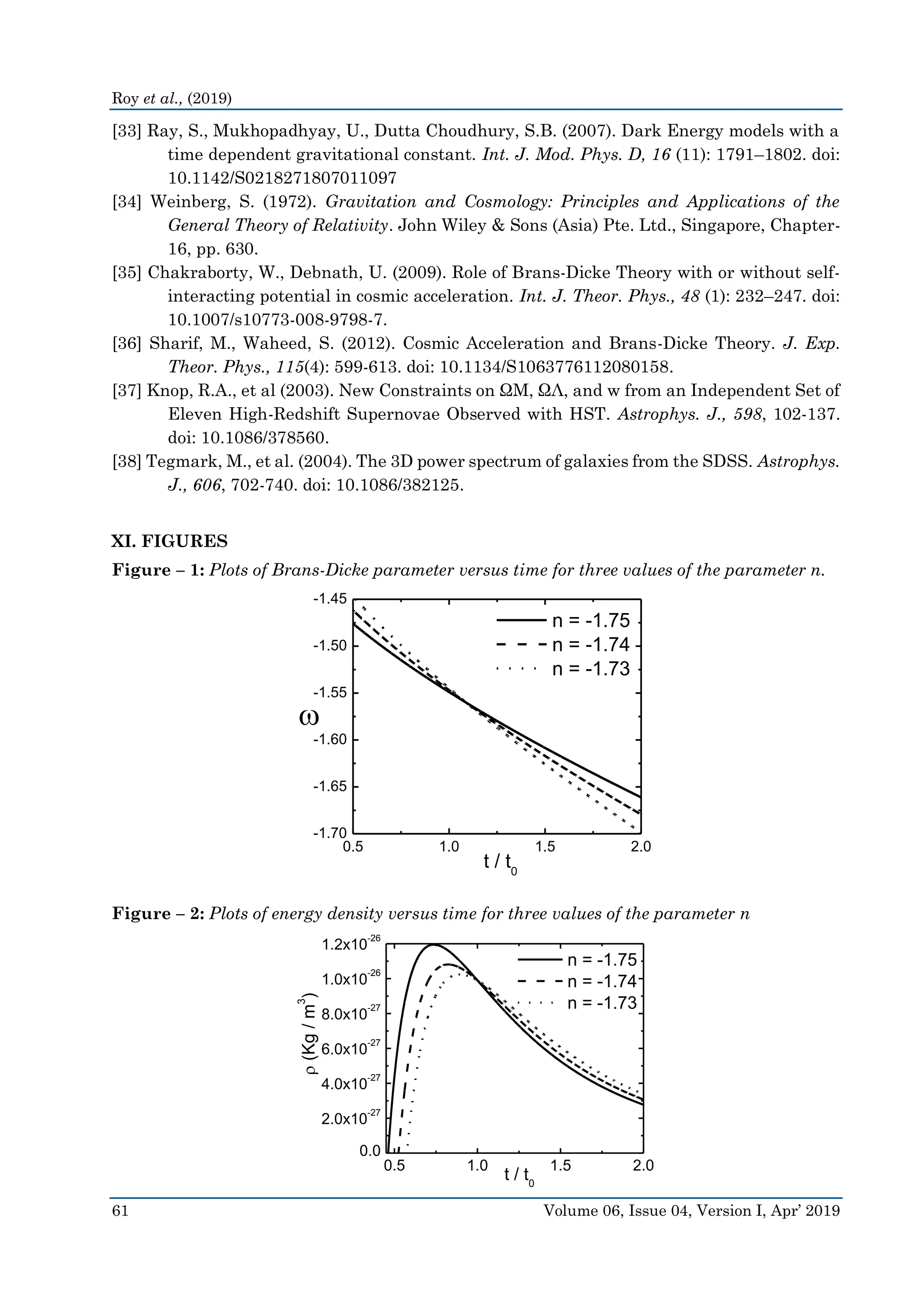 Roy et al., (2019)
61 Volume 06, Issue 04, Version I, Apr’ 2019
[33] Ray, S., Mukhopadhyay, U., Dutta Choudhury, S.B. (2007). Dark Energy models with a
time dependent gravitational constant. Int. J. Mod. Phys. D, 16 (11): 1791–1802. doi:
10.1142/S0218271807011097
[34] Weinberg, S. (1972). Gravitation and Cosmology: Principles and Applications of the
General Theory of Relativity. John Wiley & Sons (Asia) Pte. Ltd., Singapore, Chapter-
16, pp. 630.
[35] Chakraborty, W., Debnath, U. (2009). Role of Brans-Dicke Theory with or without self-
interacting potential in cosmic acceleration. Int. J. Theor. Phys., 48 (1): 232–247. doi:
10.1007/s10773-008-9798-7.
[36] Sharif, M., Waheed, S. (2012). Cosmic Acceleration and Brans-Dicke Theory. J. Exp.
Theor. Phys., 115(4): 599-613. doi: 10.1134/S1063776112080158.
[37] Knop, R.A., et al (2003). New Constraints on ΩM, ΩΛ, and w from an Independent Set of
Eleven High-Redshift Supernovae Observed with HST. Astrophys. J., 598, 102-137.
doi: 10.1086/378560.
[38] Tegmark, M., et al. (2004). The 3D power spectrum of galaxies from the SDSS. Astrophys.
J., 606, 702-740. doi: 10.1086/382125.
XI. FIGURES
Figure – 1: Plots of Brans-Dicke parameter versus time for three values of the parameter n.
Figure – 2: Plots of energy density versus time for three values of the parameter n
0.5 1.0 1.5 2.0
-1.70
-1.65
-1.60
-1.55
-1.50
-1.45

t / t0
n = -1.75
n = -1.74
n = -1.73
0.5 1.0 1.5 2.0
0.0
2.0x10
-27
4.0x10
-27
6.0x10
-27
8.0x10
-27
1.0x10
-26
1.2x10
-26
(Kg/m
3
)
t / t0
n = -1.75
n = -1.74
n = -1.73
 