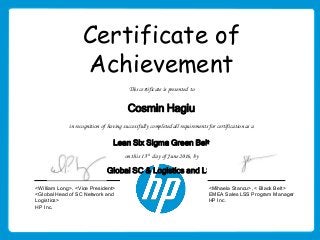 Certificate of
Achievement
This certificate is presented to
Cosmin Hagiu
in recognition of having successfully completed all requirements for certification as a
Lean Six Sigma Green Belt
on this 13th day of June 2016, by
HP Inc., Global SC & Logistics and LSS Council
<William Long>, <Vice President>
<Global Head of SC Network and
Logistics>
HP Inc.
<Mihaela Stancu>, < Black Belt>
EMEA Sales LSS Program Manager
HP Inc.
 