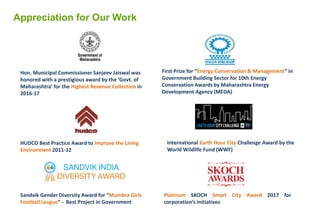 Appreciation for Our Work
Hon. Municipal Commissioner Sanjeev Jaiswal was
honored with a prestigious award by the ‘Govt. of
Maharashtra’ for the Highest Revenue Collection in
2016-17
HUDCO Best Practice Award to Improve the Living
Environment 2011‐12
International Earth Hour City Challenge Award by the
World Wildlife Fund (WWF)
First Prize for “Energy Conservation & Management” in
Government Building Sector for 10th Energy
Conservation Awards by Maharashtra Energy
Development Agency (MEDA)
Sandvik Gender Diversity Award for “Mumbra Girls
Football League” - Best Project in Government
Platinum SKOCH Smart City Award 2017 for
corporation’s initiatives
 