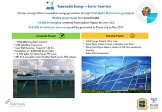 Renewable Energy – Sector Overview
Completed Projects Ongoing Projects
Pioneer among ULBs in renewable energy generation through Tidal, Hydro & Solar Energy projects
World’s Largest Solar Dish Concentrator
~20,000 Streetlights converted from Sodium Vapour to Smart LED
10.4 MW of additional solar energy will be generated in Thane city by Dec 2017
• Tidal Energy Project: Ulhas river
• Solar Photo Voltaic System in Temghar and Kopri
• Micro/Mini Hydro-electric project of 60 Kwp cumulative
capacity
• Solar Dish Concentrator
• ~9000 LED Streetlights installed
• STAR Labelling Programme
• Solar Net Metering Project of 136 Kw
• Installation of 12,000 LED Street Lights
• 10 MW Solar Net Metering on PPP mode
• 267 Kwh Cumulative Solar Rooftop Plants across TMC schools
Governance
Environment
& Health
Health
 